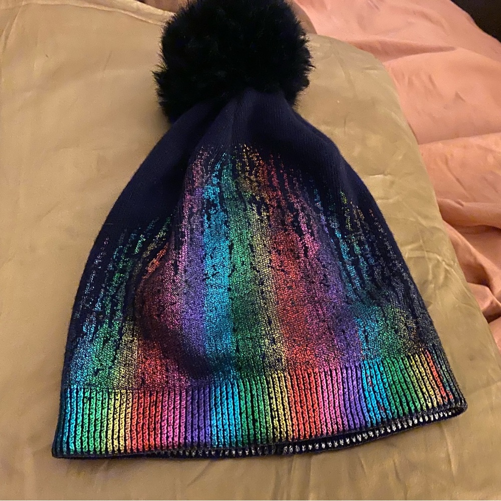 Adrienne Landau, weird metalic winter hat